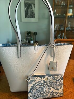 New Lauren Ralph Lauren Reversible Cream Leather Tote with Blue Paisley Pouch